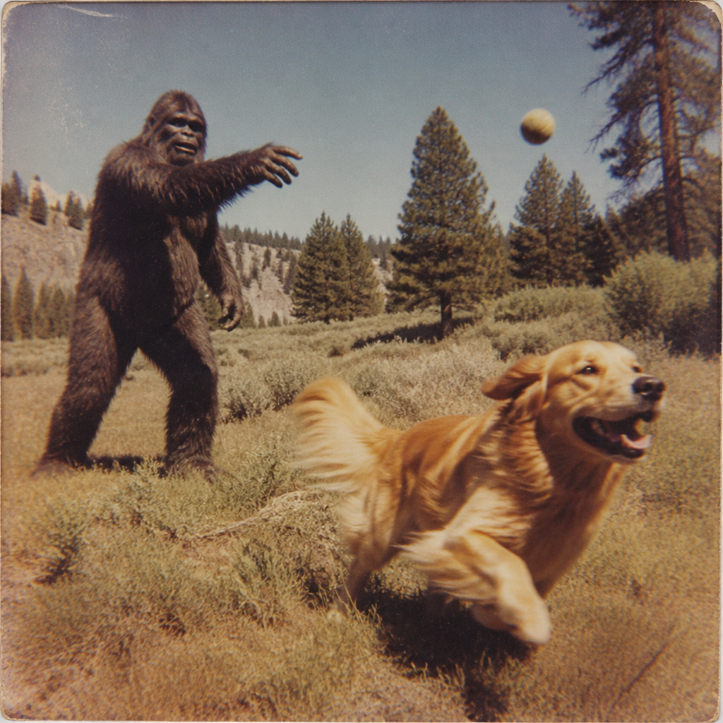 Sasquatch throwing a tennis ball for Mango the golden retriever, who is running to retrieve it