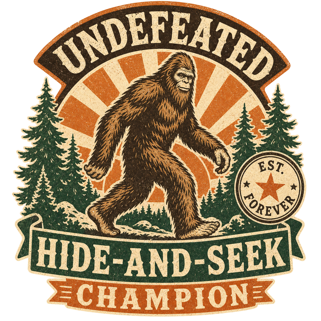 Retro screen-printed Bigfoot graphic reading Undefeated Hide-and-Seek Champion